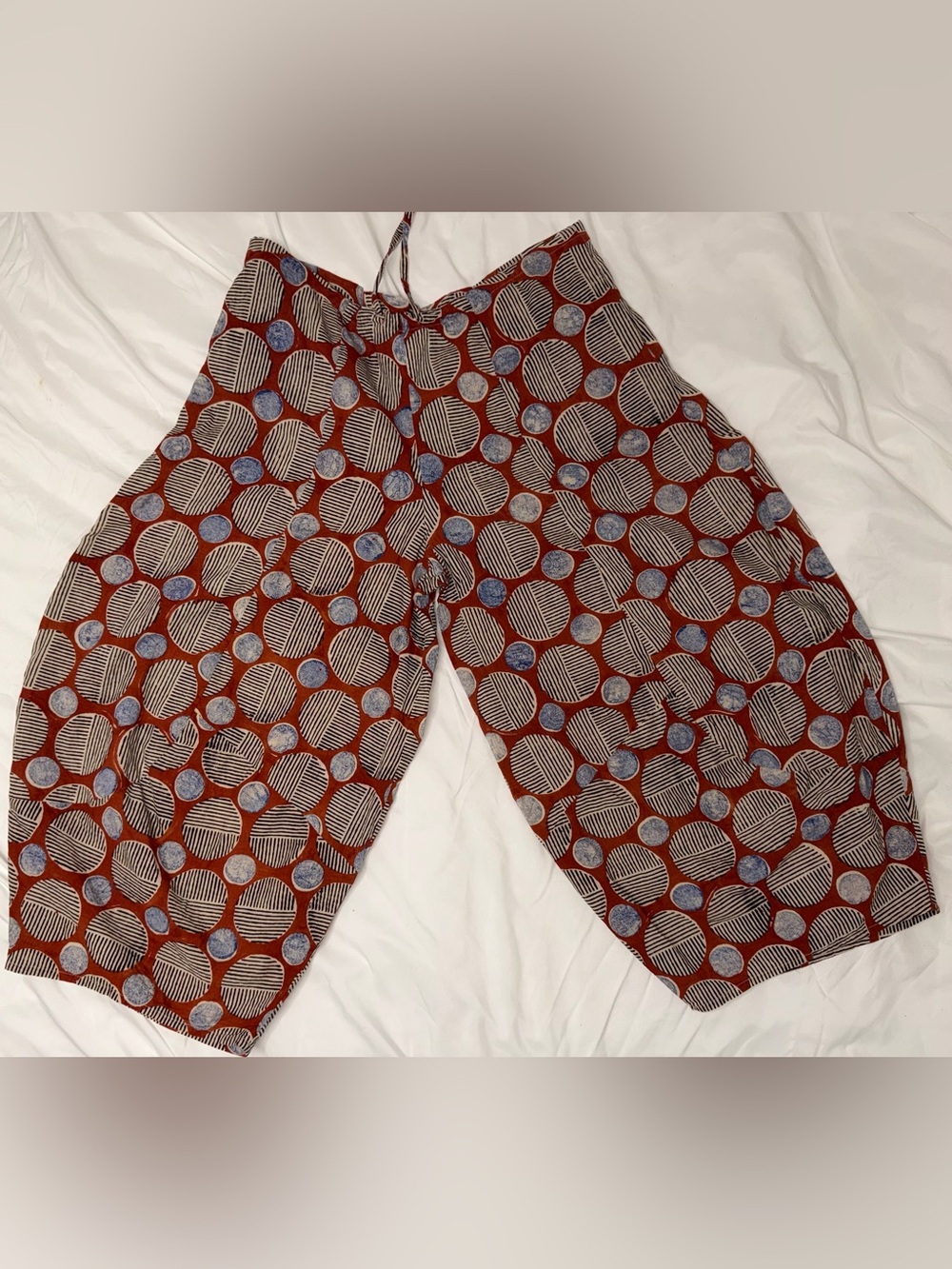 Asha Barrel-Leg Women’s Red Patterned Pants with Blue Accents. Size-XL
